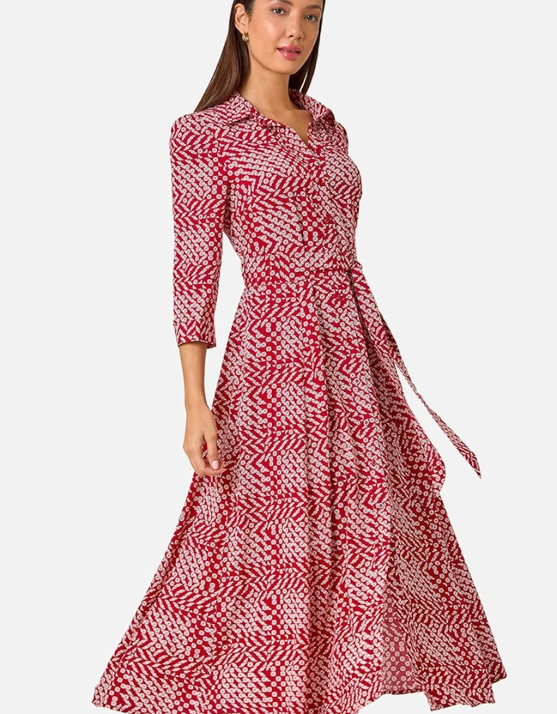 Geometric Print Tie Waist Midi Shirt Dress