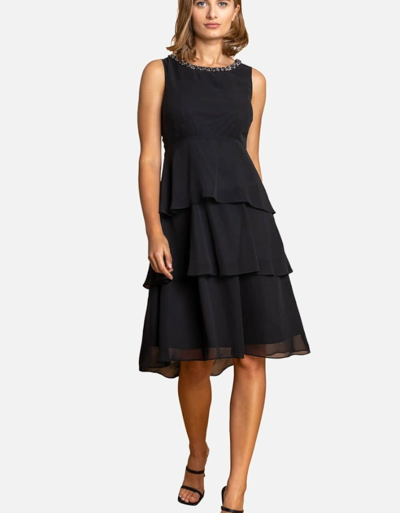 Tiered Embellished Neck Chiffon Dress
