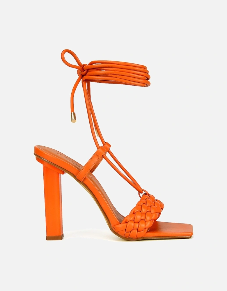 'Mira' Woven Strap Lace Up Strappy Block Square Toe Heels
