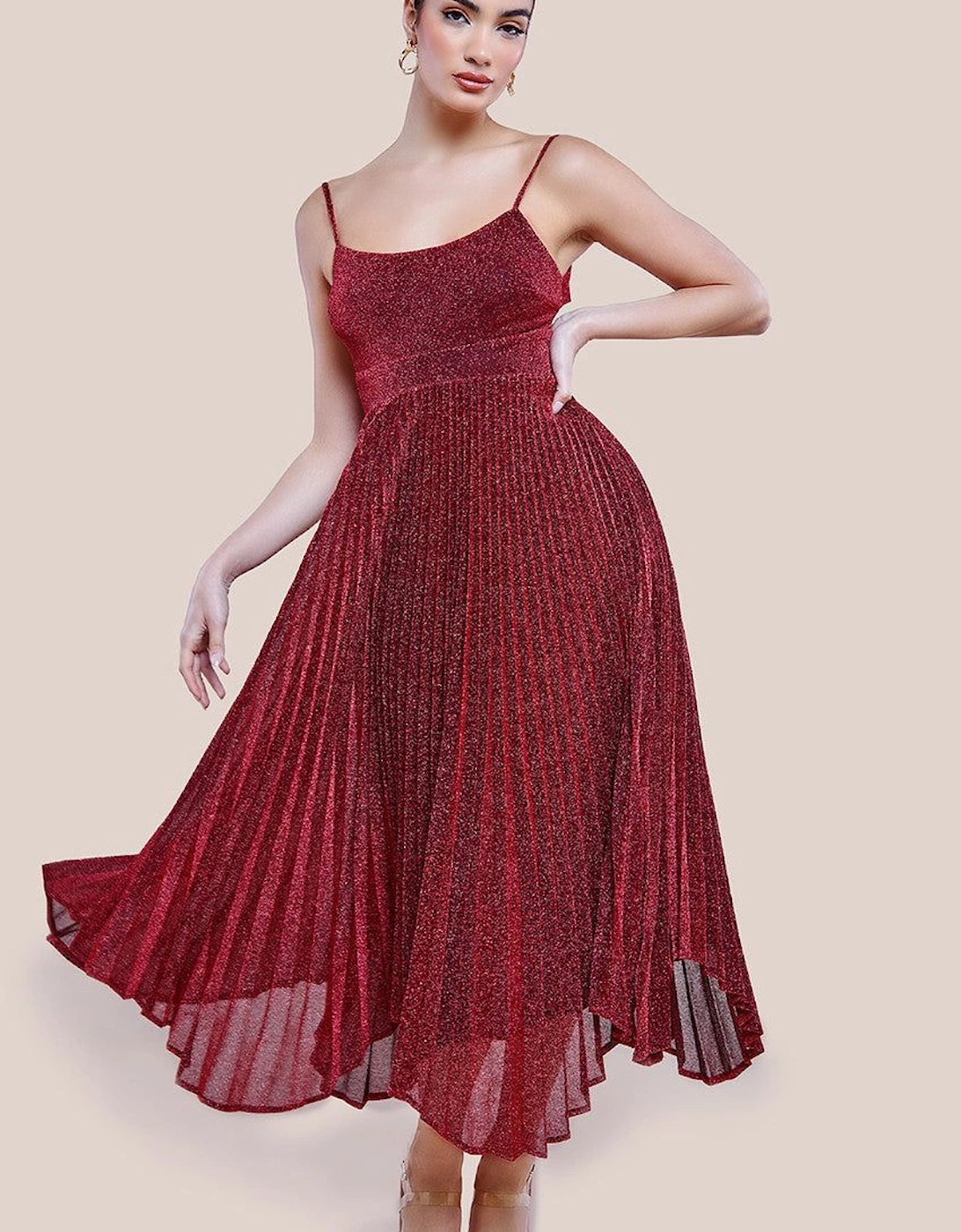 Tie Back Pleated Lurex Skater Midi Dress, 2 of 1
