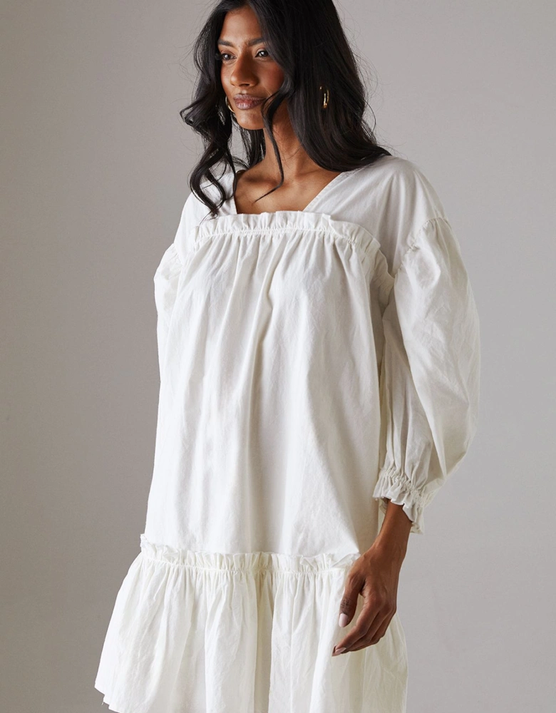 Poplin Frill Balloon Sleeve Mini Smock Dress