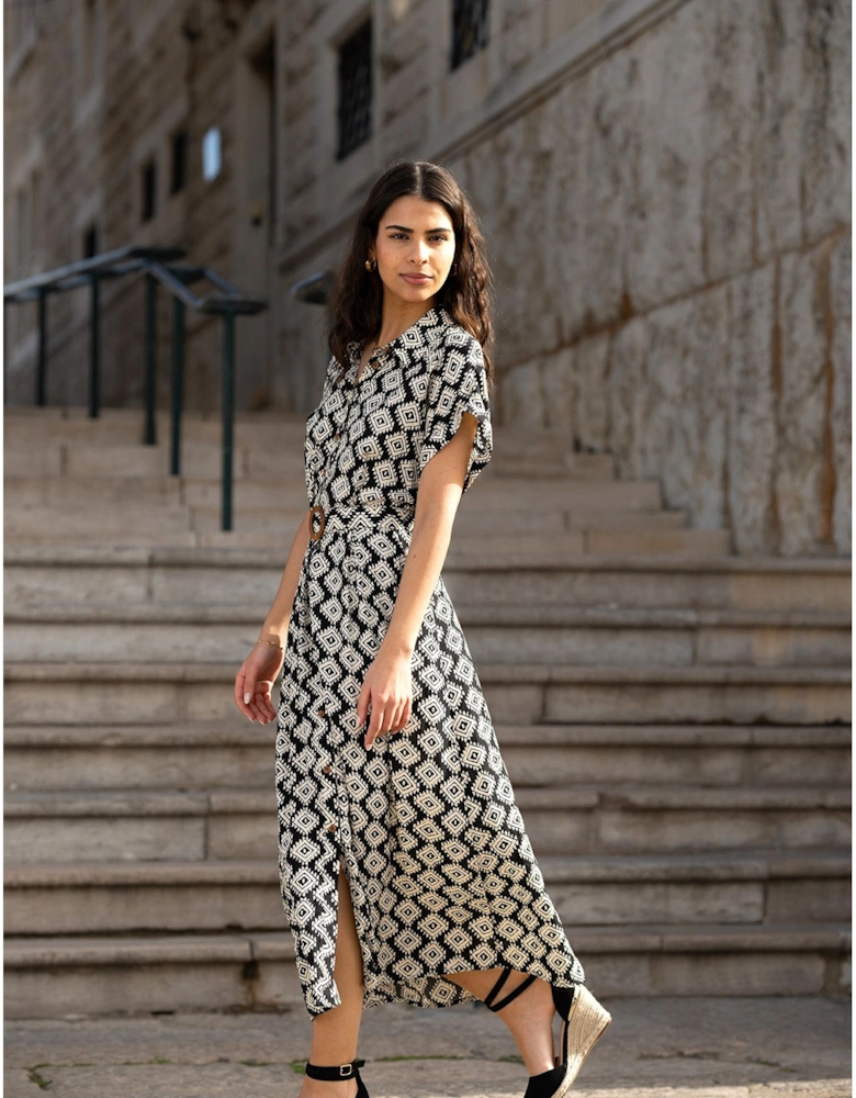 Black Viscose Midi Shirt Dress With Matching Belt
