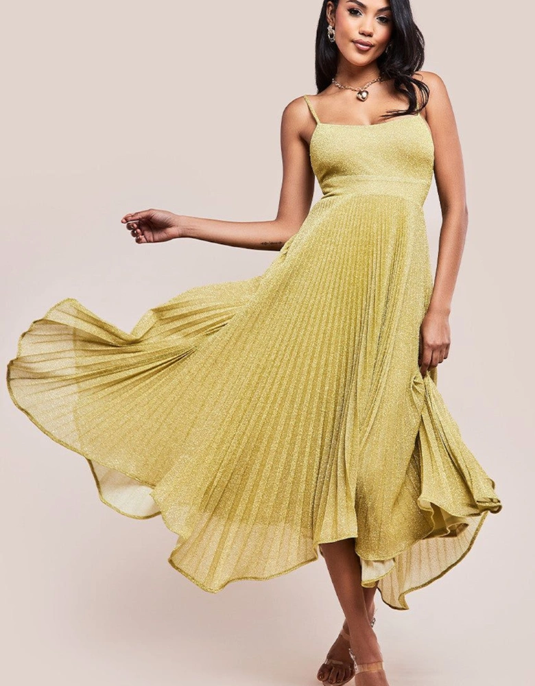 Tie Back Pleated Lurex Skater Midi Dress