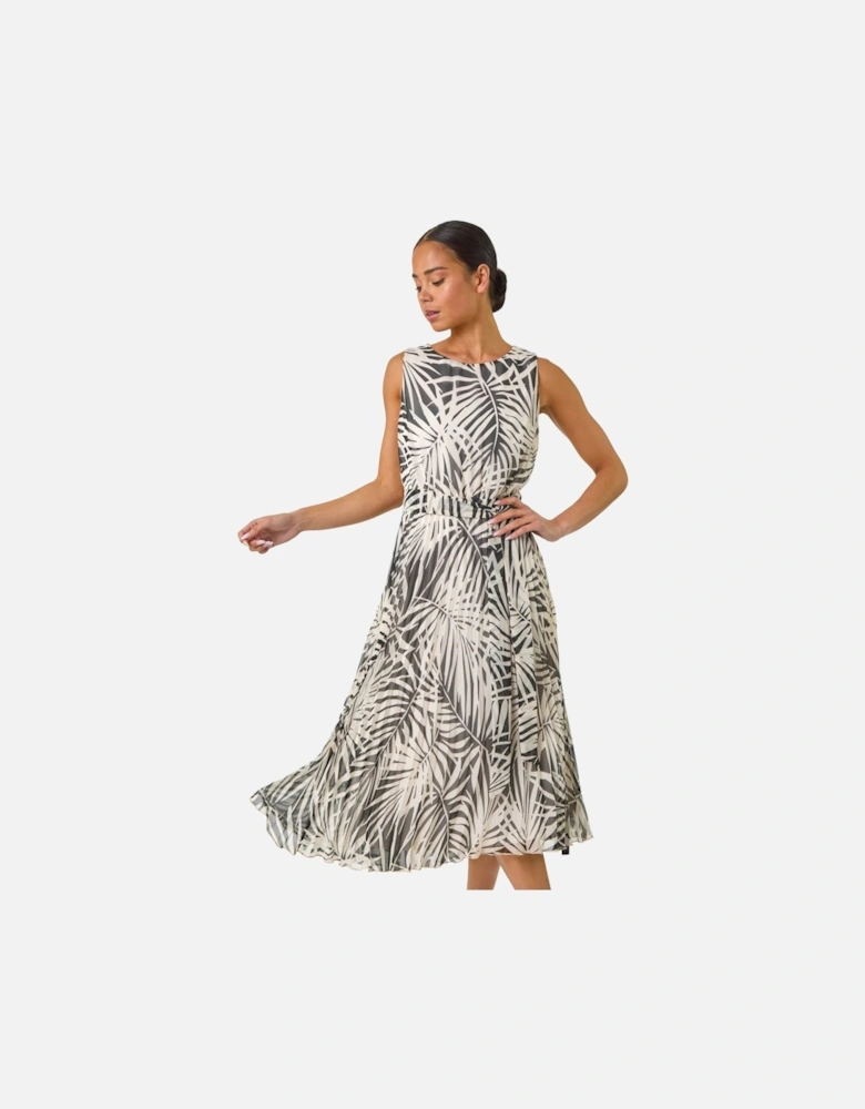 Petite Leaf Print Pleated Midi Dress