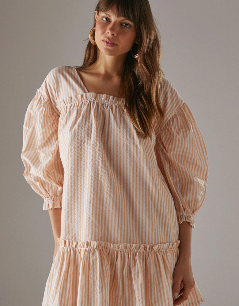 Seersucker Check Frill Balloon Sleeve Mini Smock Dress