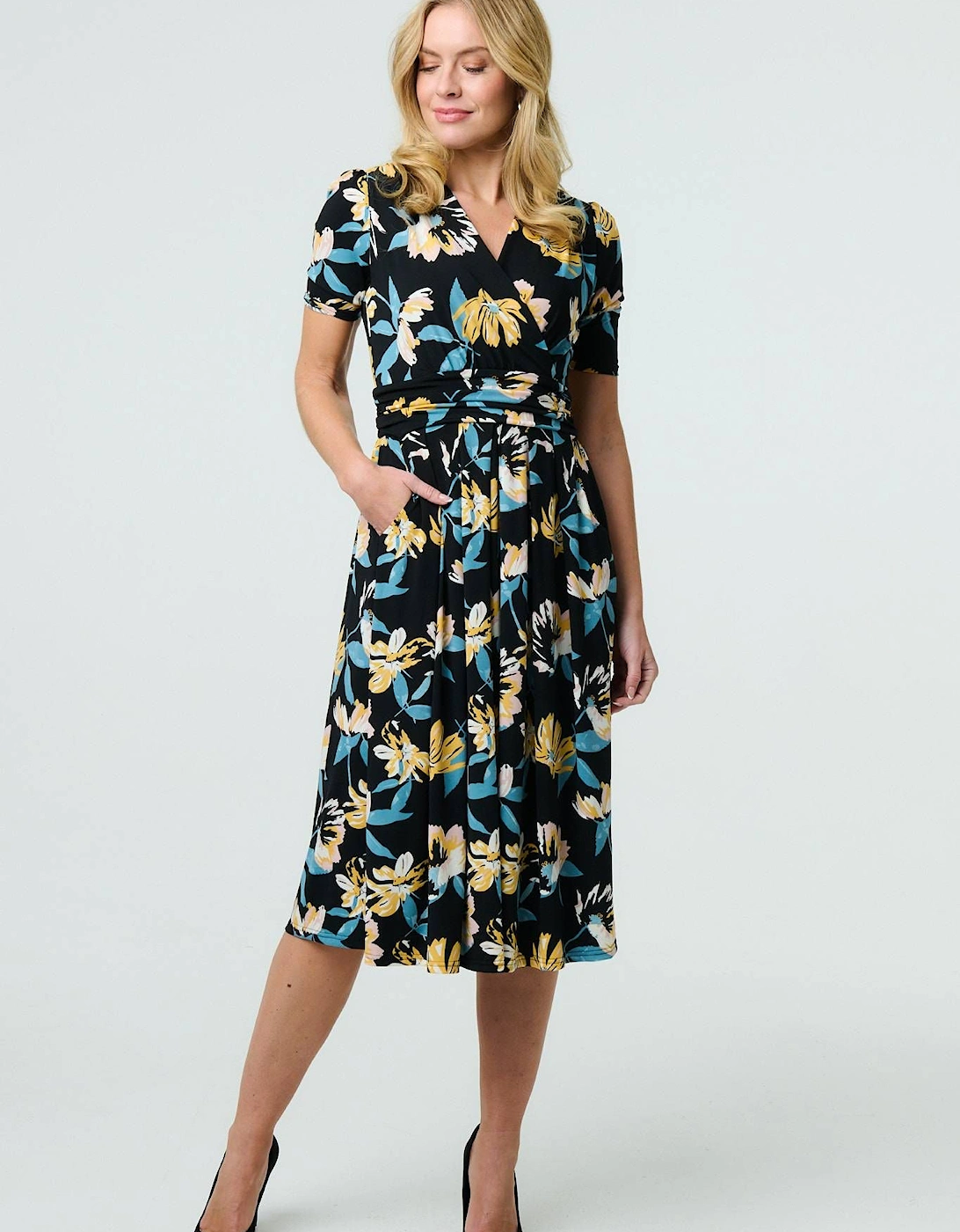 Floral Short Sleeve Faux Wrap Midi Dress, 2 of 1