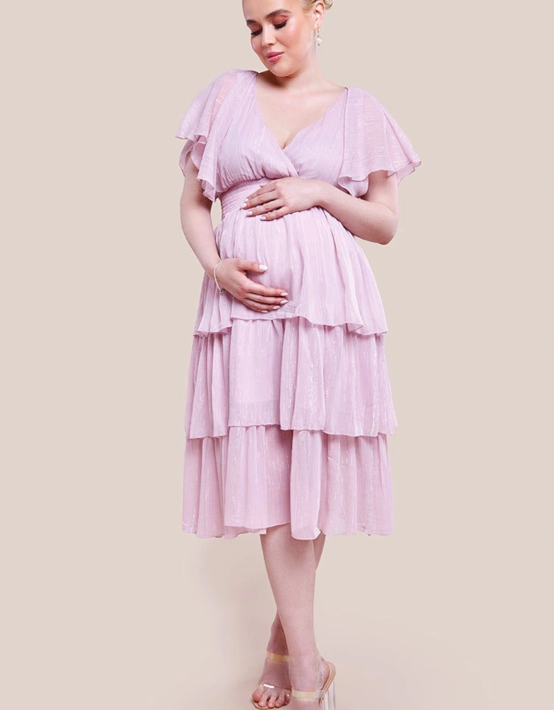 Maternity Plain Lurex Chiffon Tiered Midi Dress