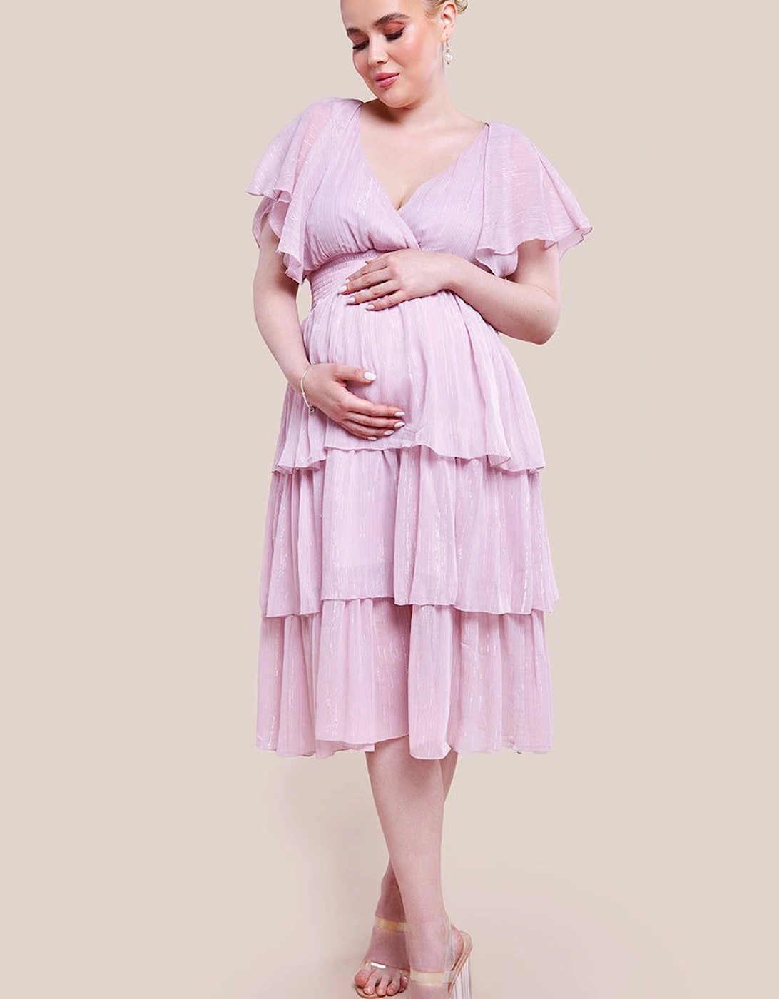 Maternity Plain Lurex Chiffon Tiered Midi Dress, 2 of 1