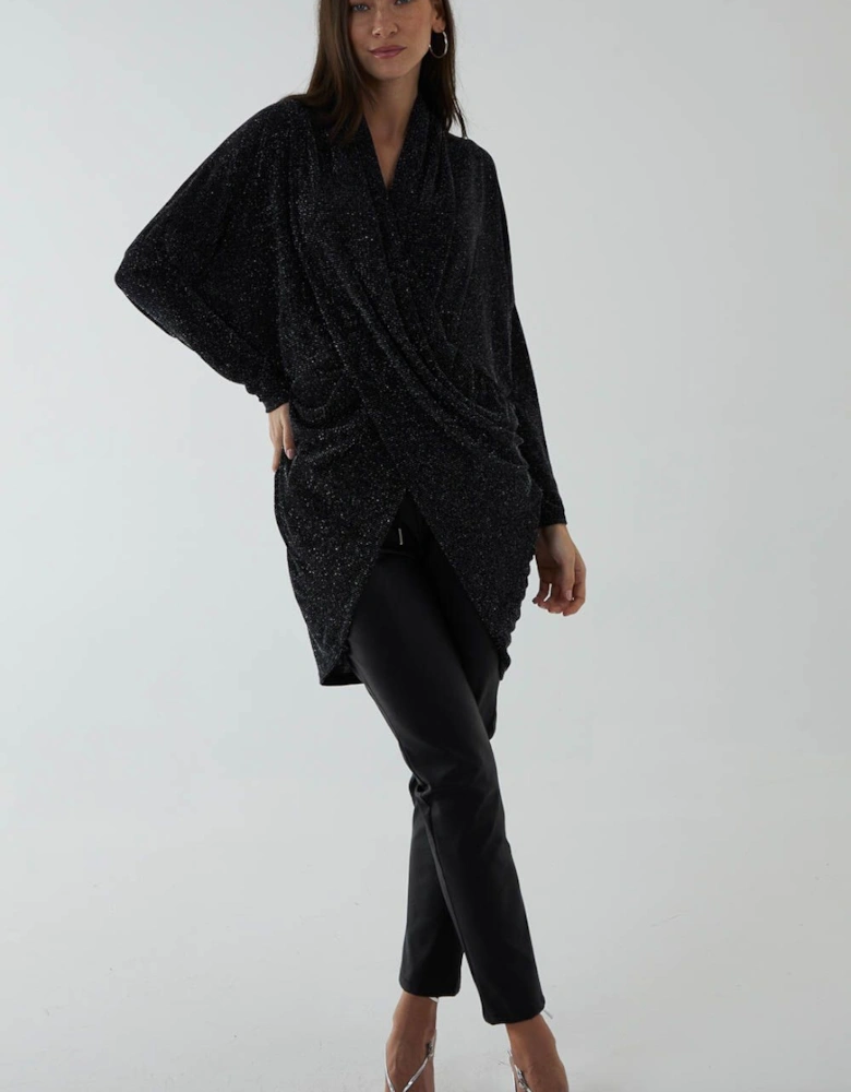 Asymmetric Twist Front Glitter Tunic Dress