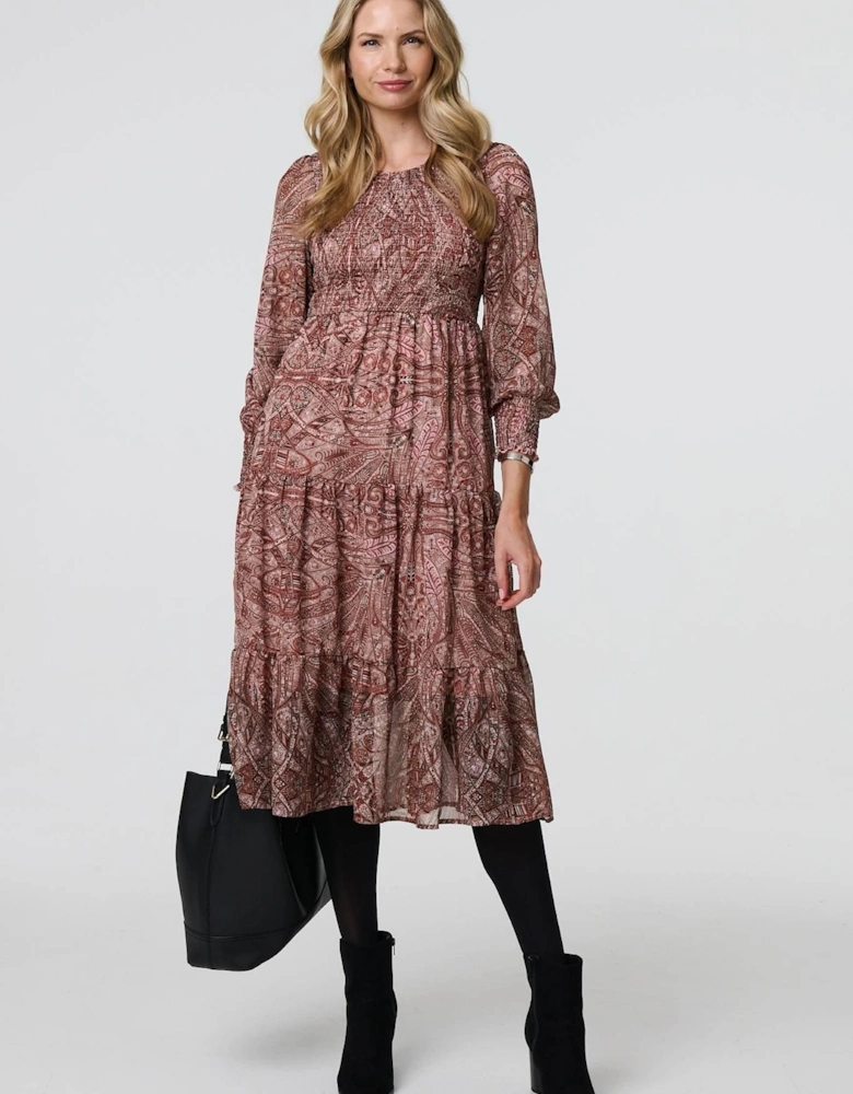 Printed Empire Tiered Midi Smock Dress