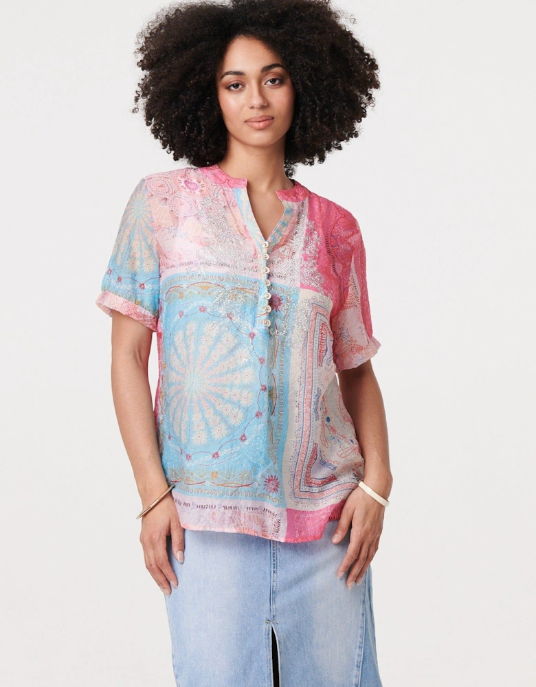 Patchwork Print Short Sleeve Blouse