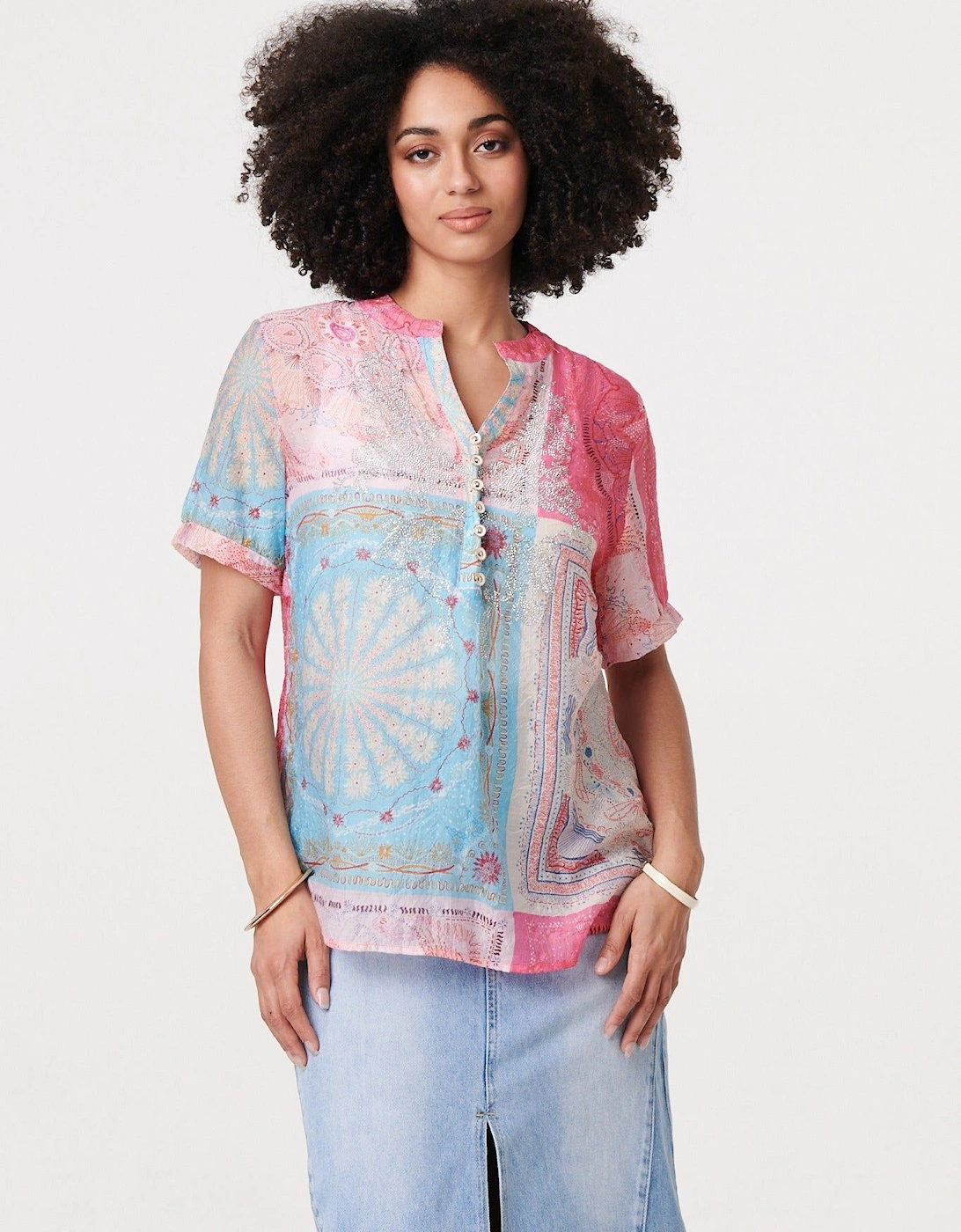 Patchwork Print Short Sleeve Blouse, 2 of 1