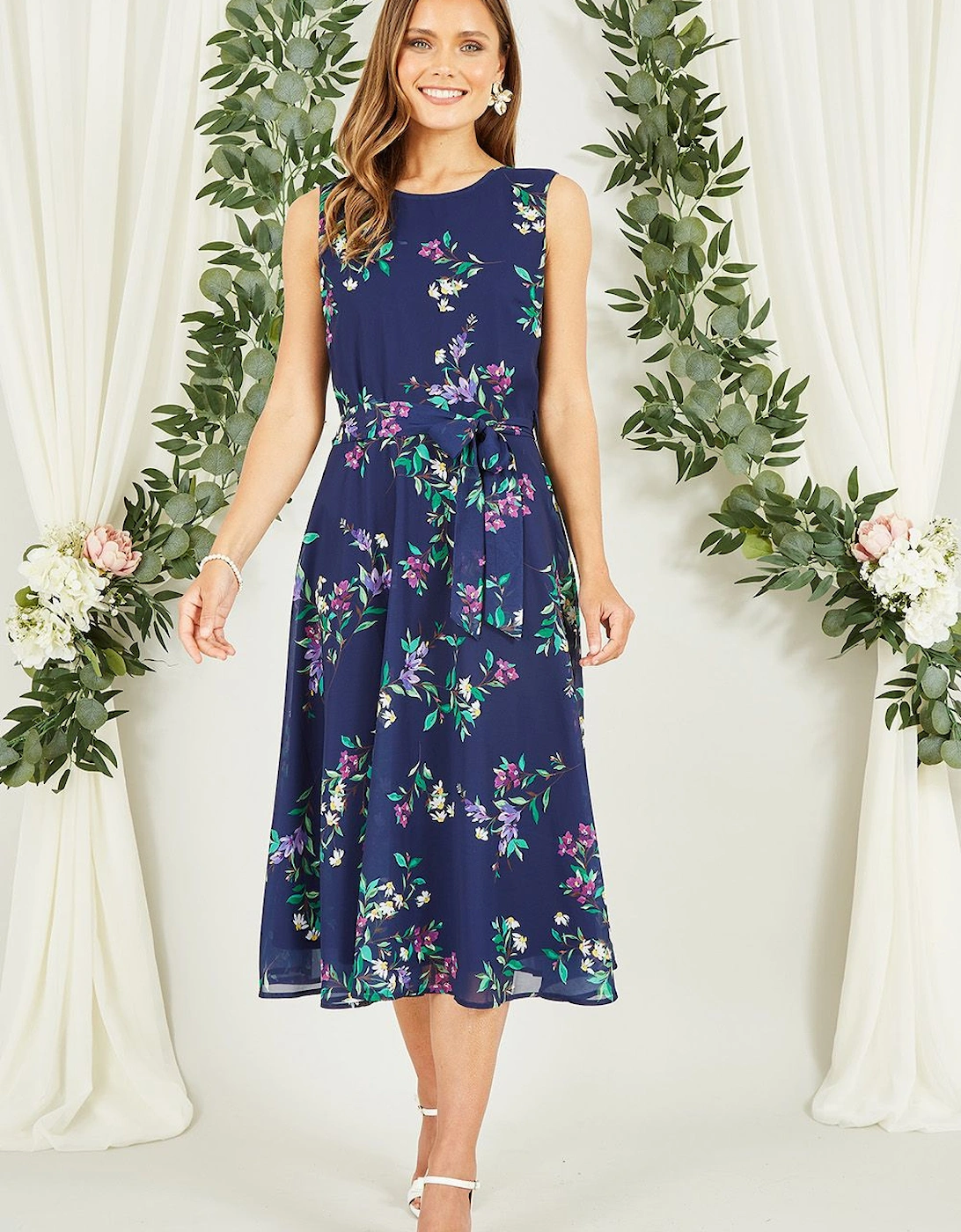 Navy Floral Print Midi Skater Dress, 2 of 1