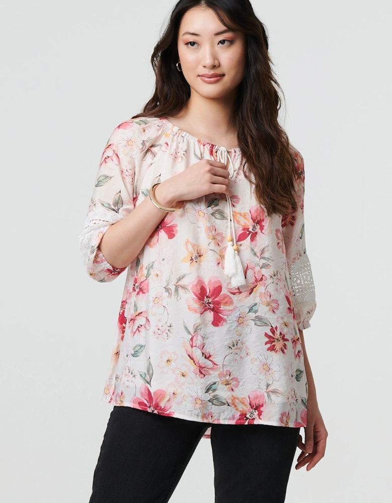 Floral Lace Trim Bardot Neck Blouse