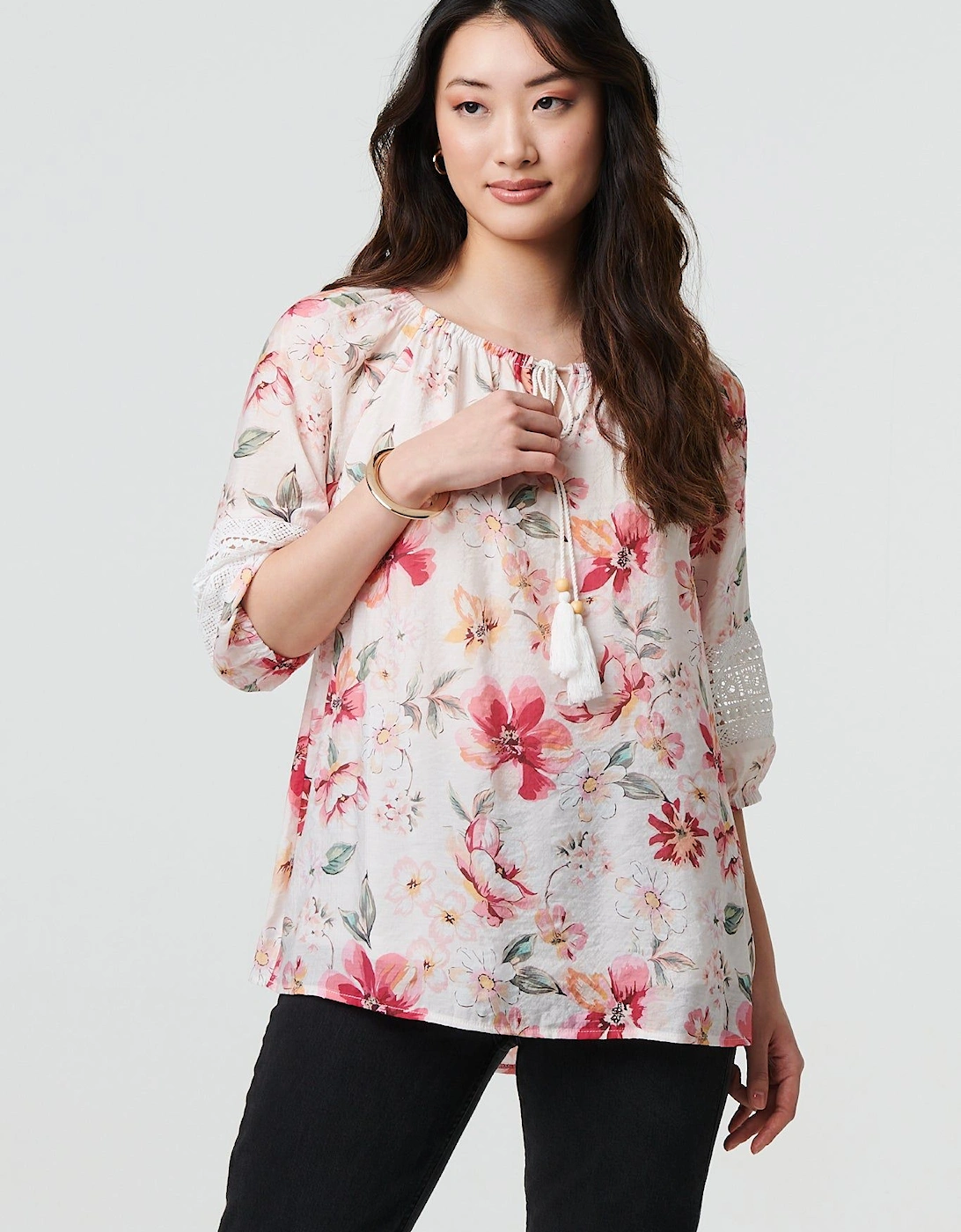 Floral Lace Trim Bardot Neck Blouse, 2 of 1