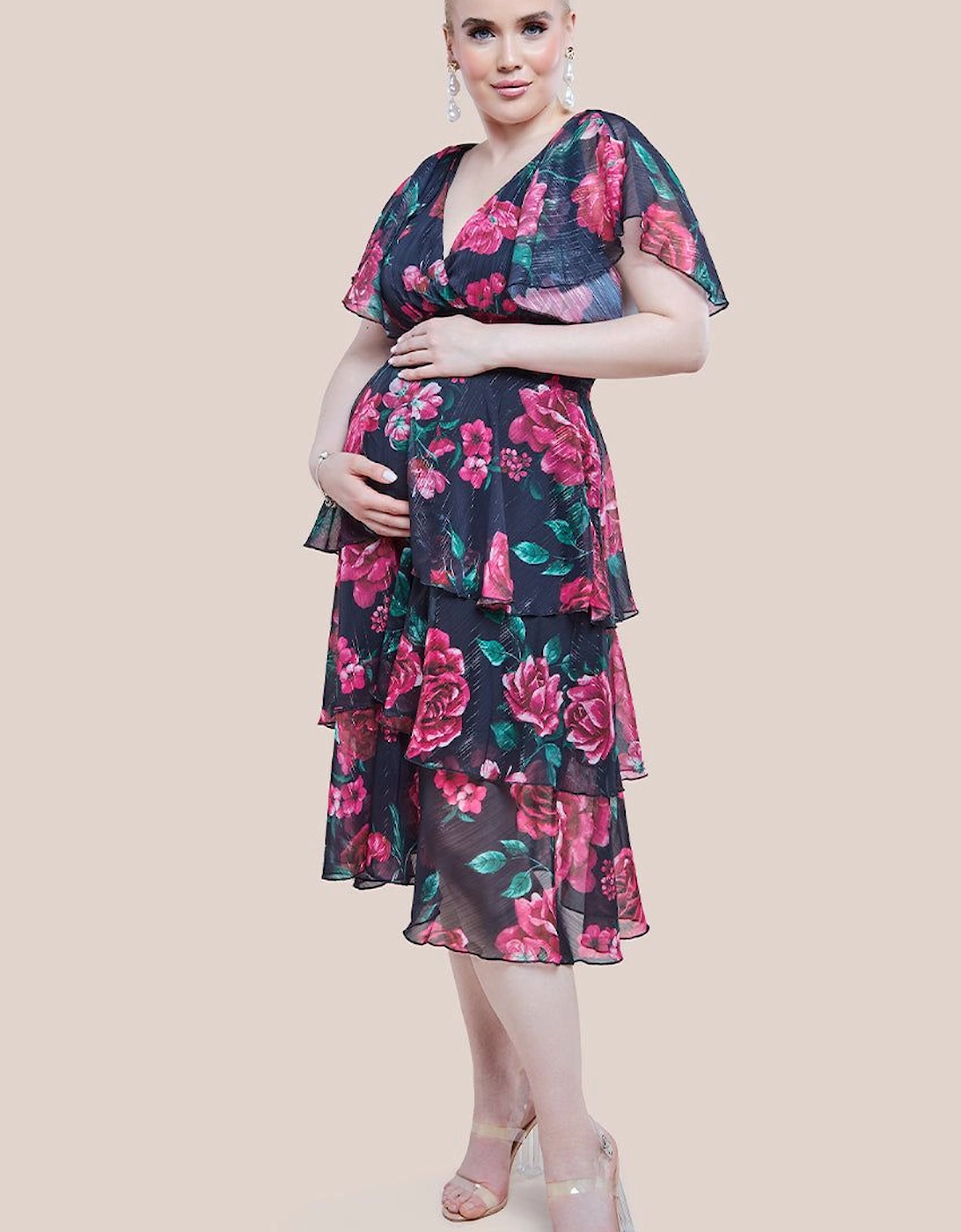 Maternity Layered Floral Midi Dress With Flutter Sleeves, 2 of 1