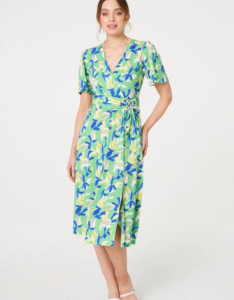 Printed Belt Detail Wrap Midi Dress