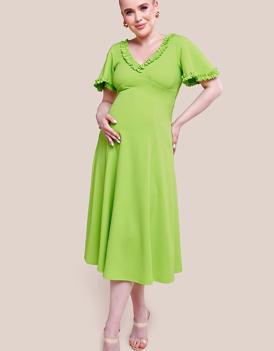 Maternity Flare Sleeve Frill Edge Midi Dress, 2 of 1