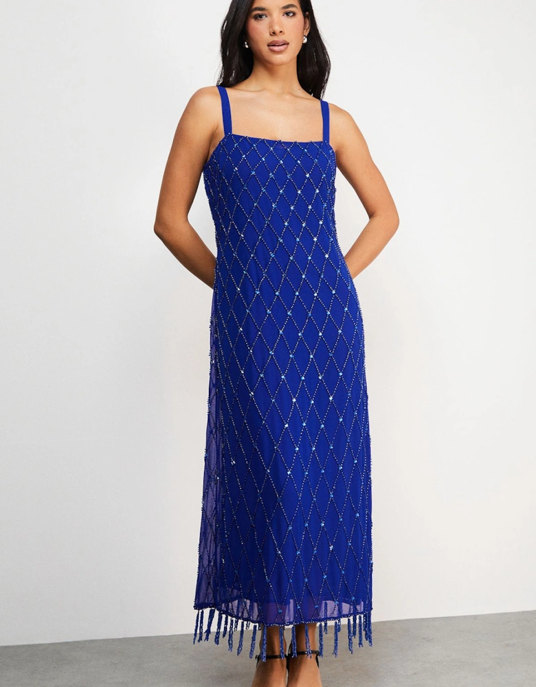 Hand Embellished Strappy Sequin Fringe Hem Midi Dress