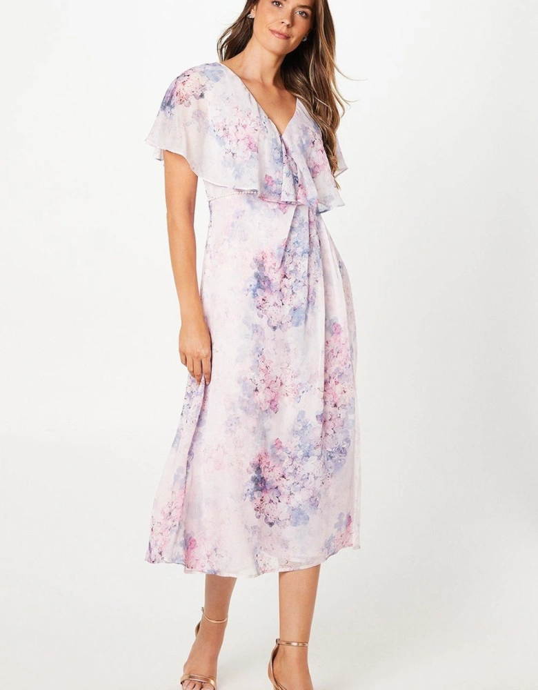 Printed Cape Sleeve Wrap Midaxi Chiffon Dress