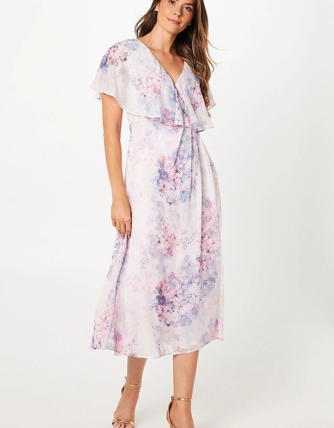 Printed Cape Sleeve Wrap Midaxi Chiffon Dress, 2 of 1