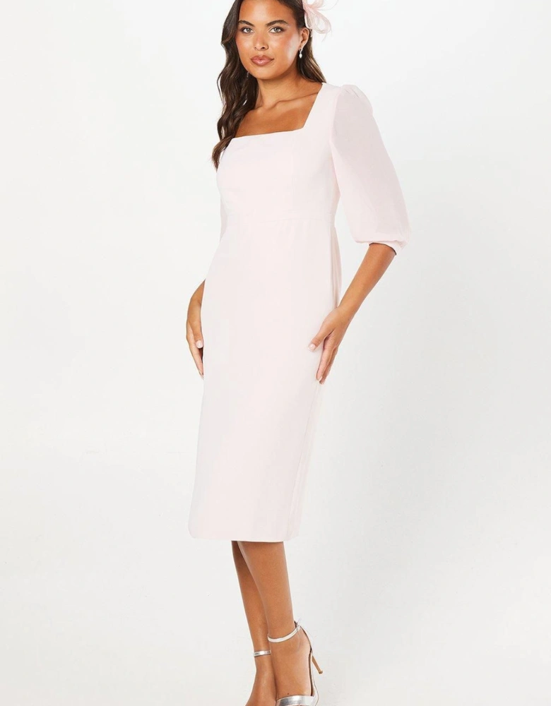 Occasion Square Neck Contrast Sleeve Pencil Dress