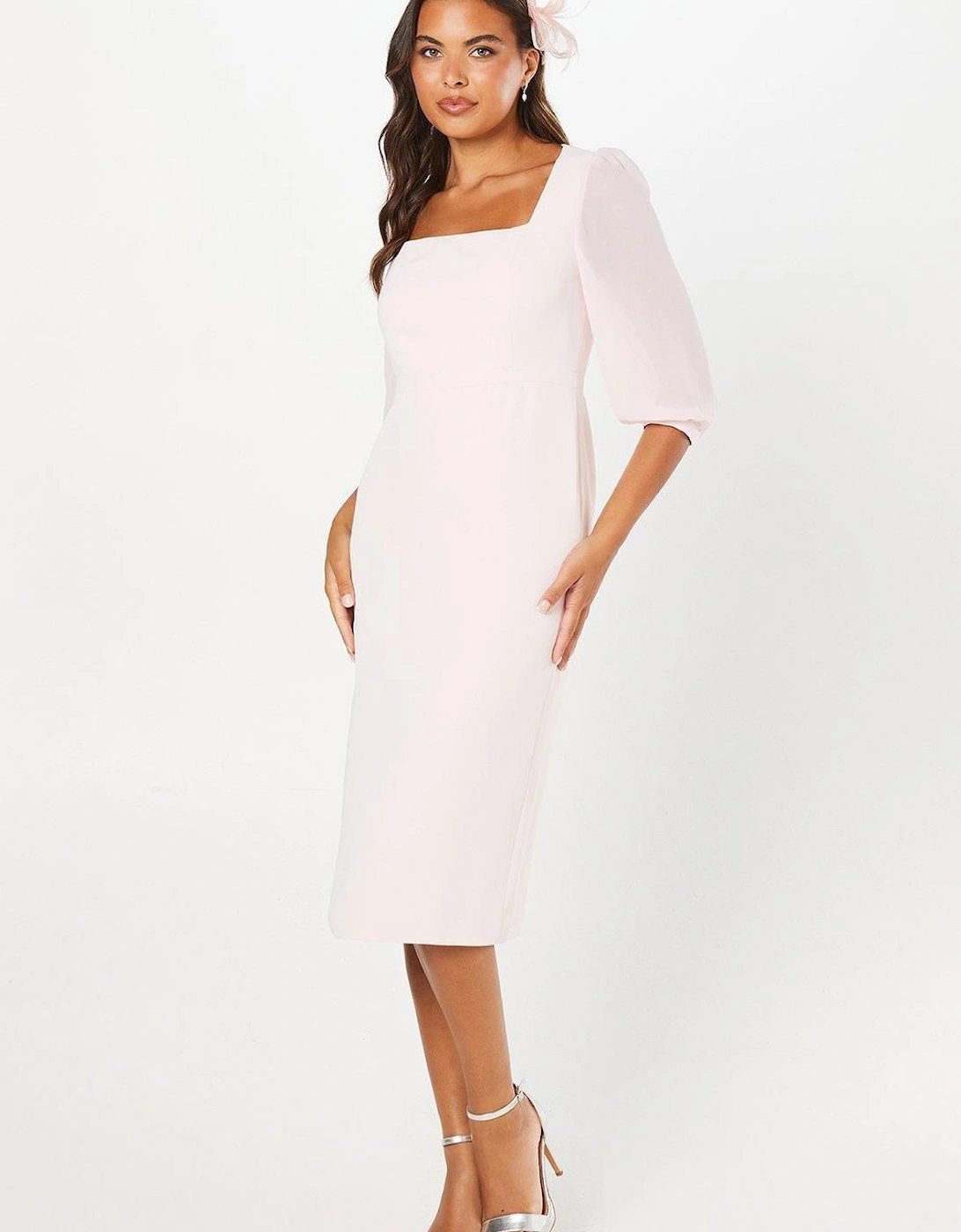 Occasion Square Neck Contrast Sleeve Pencil Dress, 2 of 1