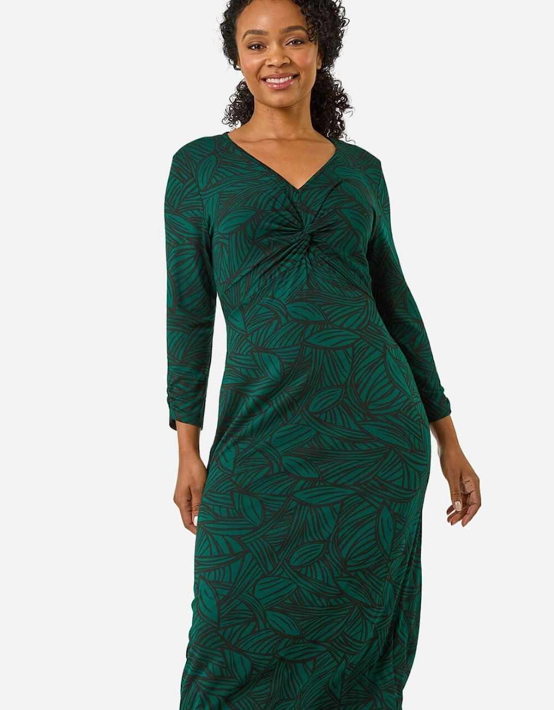 Petite Stretch Leaf Print Twist Midi Dress, 2 of 1
