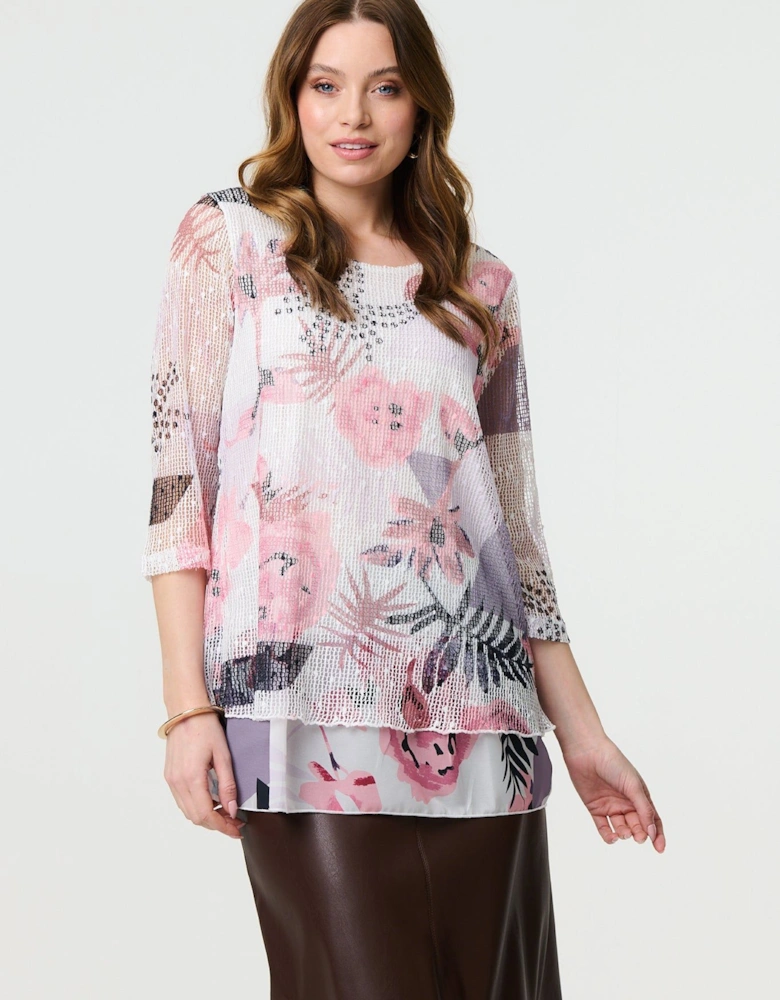 Abstract Print Mesh Layer 3/4 Sleeve Tunic