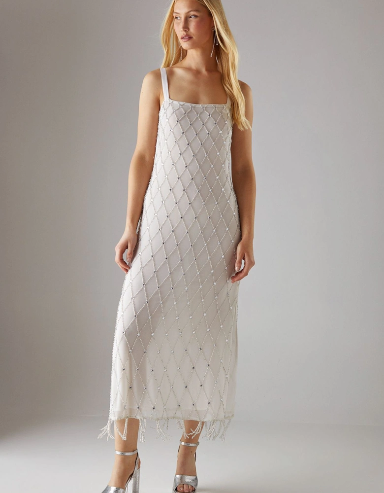 Hand Embellished Strappy Sequin Fringe Hem Midi Dress