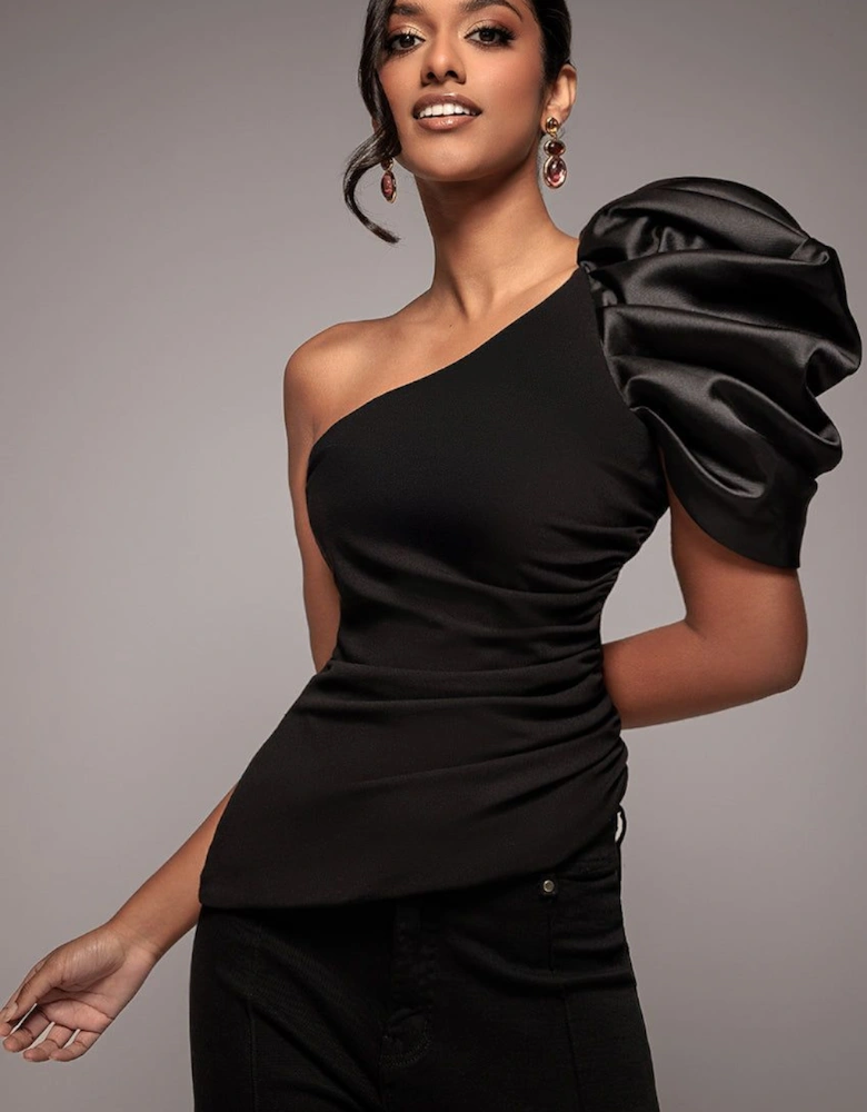 One Shoulder Puffed Satin Sleeve Asymmetric Scuba Top