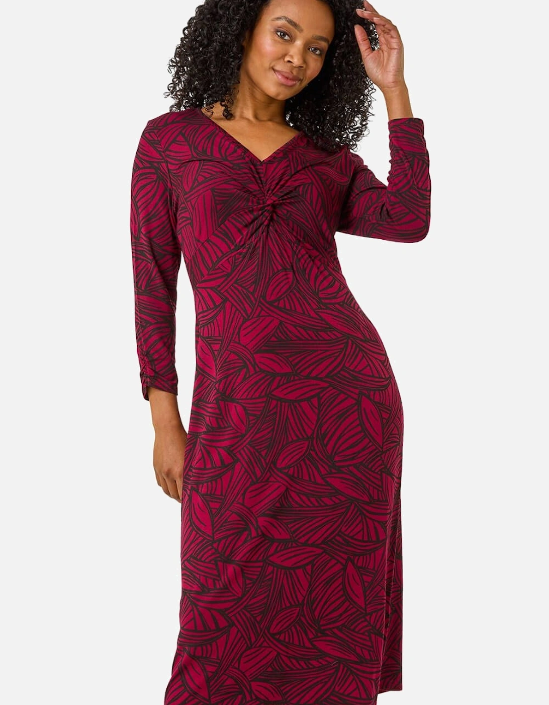 Petite Stretch Leaf Print Twist Midi Dress, 2 of 1