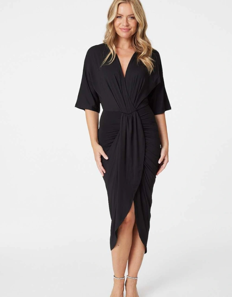 Wrap Front Draped Midi Dress