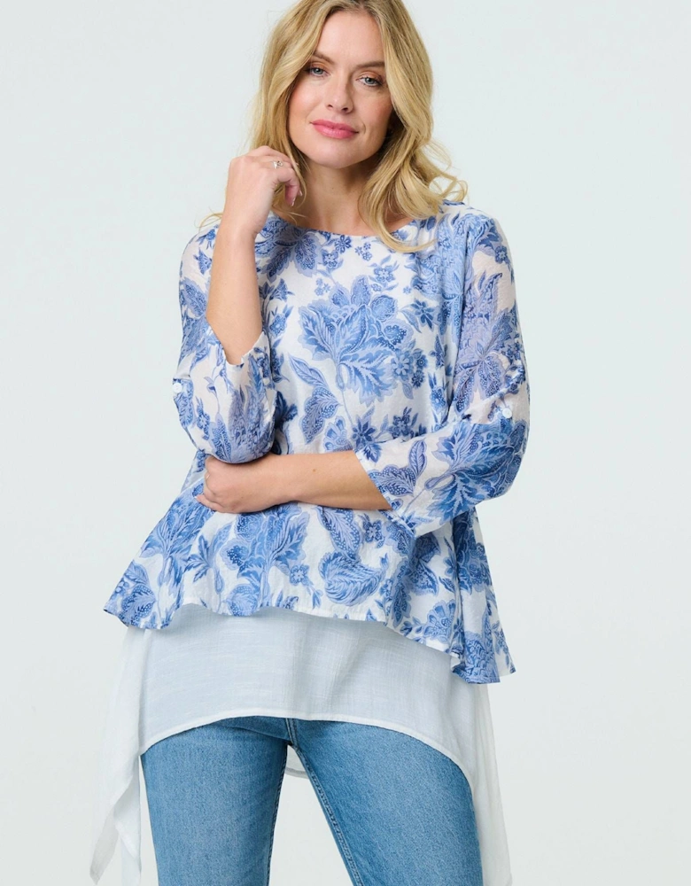 Floral 3/4 Sleeve Layered High Low Tunic