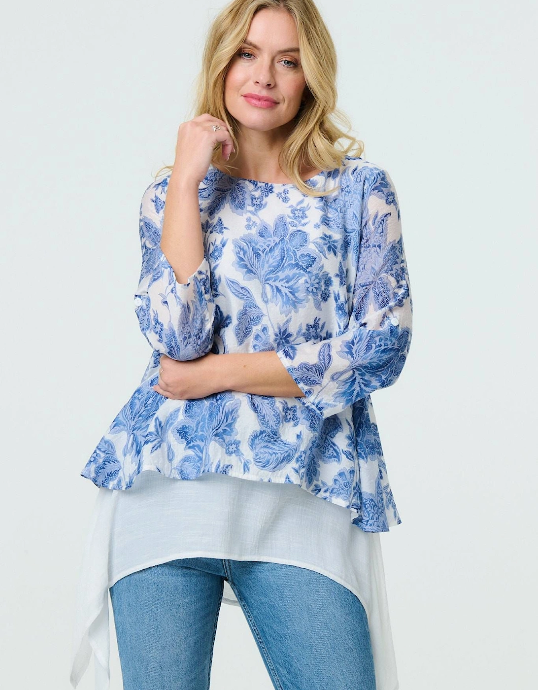 Floral 3/4 Sleeve Layered High Low Tunic, 2 of 1