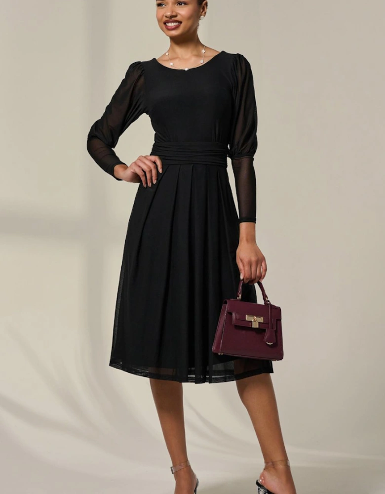 Mesh Puff Long Sleeve Midaxi Dress