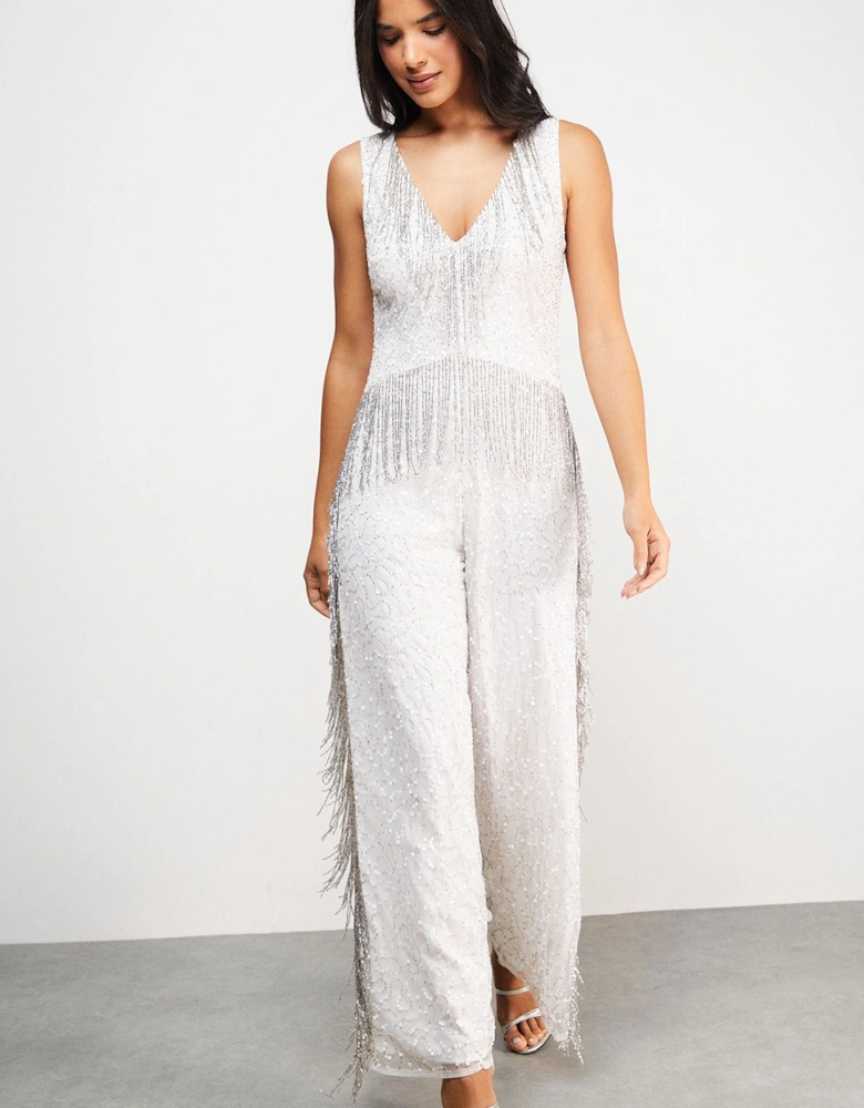 Hen Hand Embellished Plunge Neck Sequin Fringe Jumpsuit