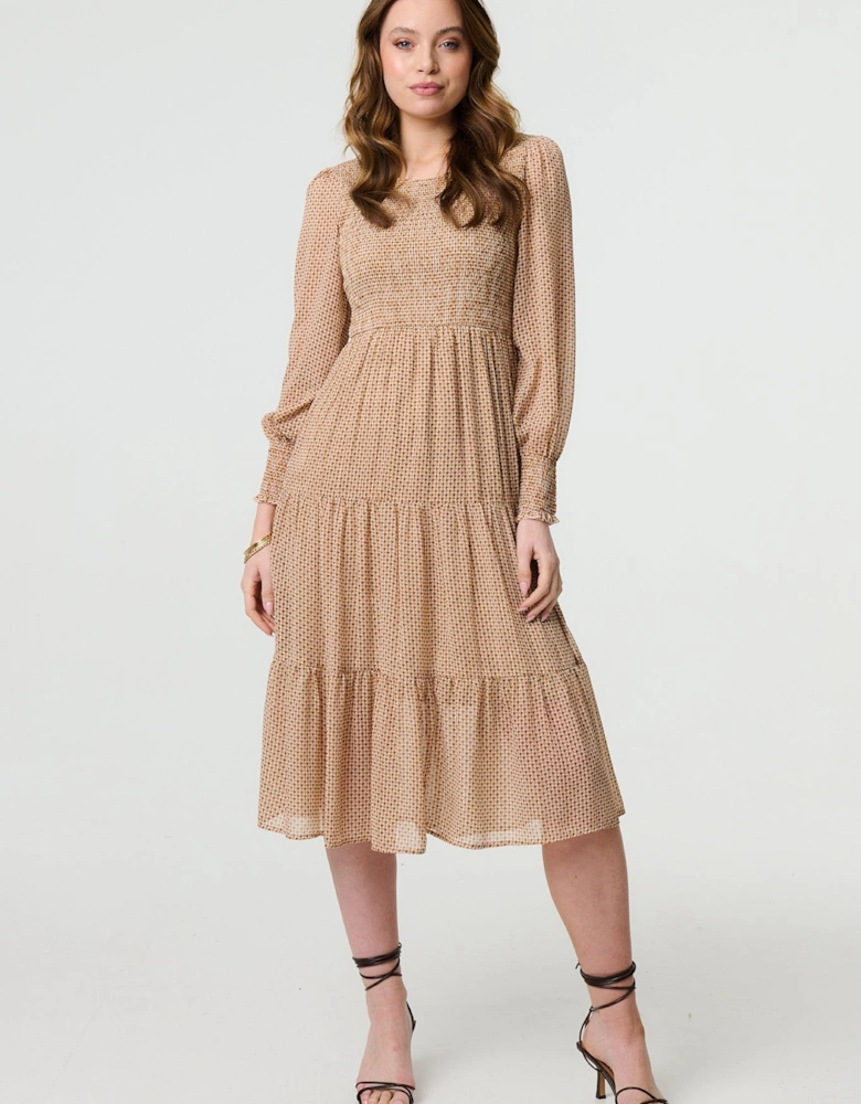 Dot Print Semi Sheer Tiered Midi Dress