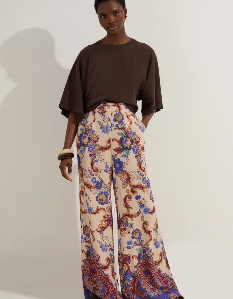 Premium Viscose Linen Paisley Border Print Woven Wide Leg Trouser