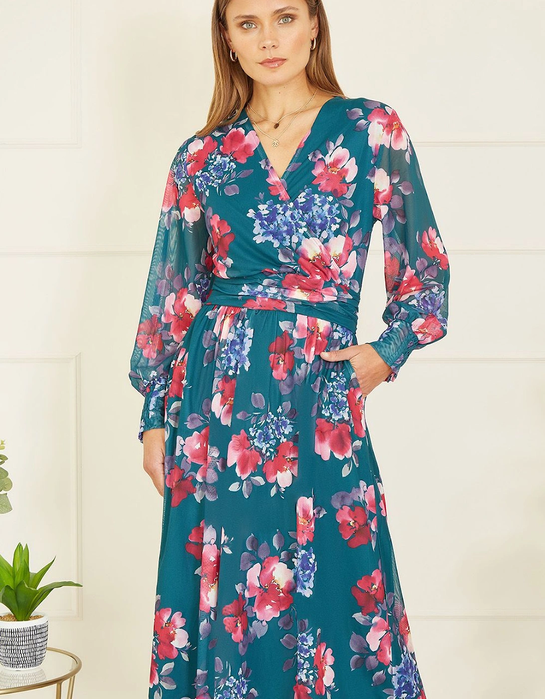 Green Floral Print Stretch Mesh Dress With Pockets, 2 of 1