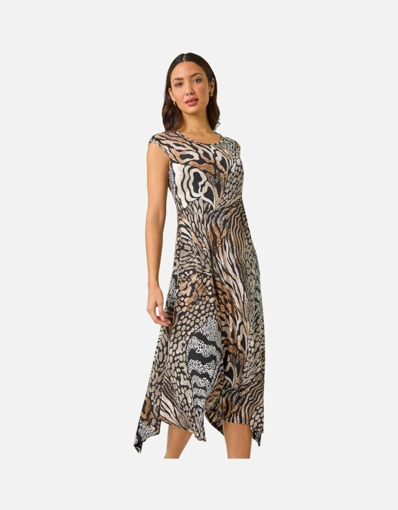 Animal Print Hanky Hem Stretch Midi Dress