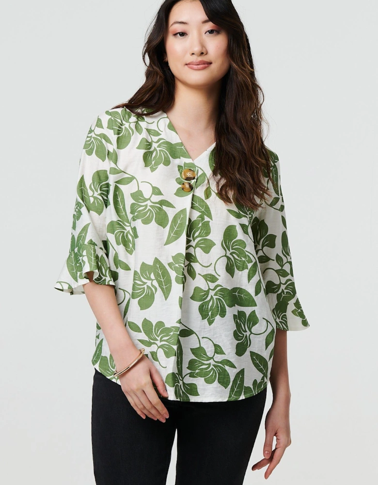 Leaf Print 3/4 Flare Sleeve Blouse