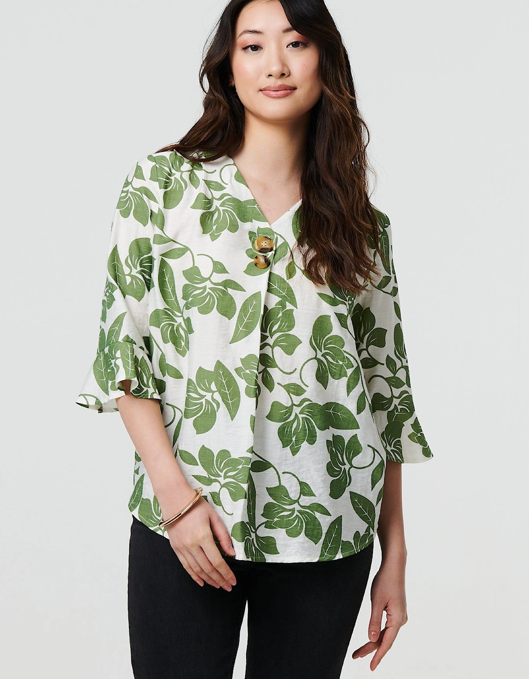 Leaf Print 3/4 Flare Sleeve Blouse, 2 of 1