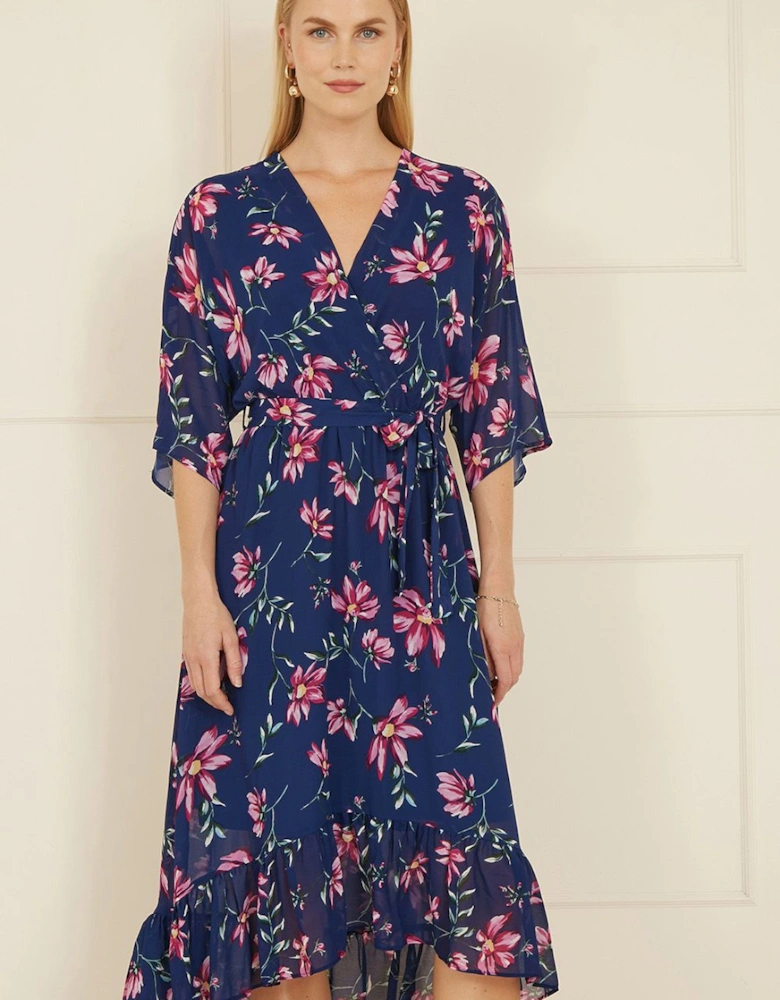 Navy Floral Kimono Dipped Hem Dress