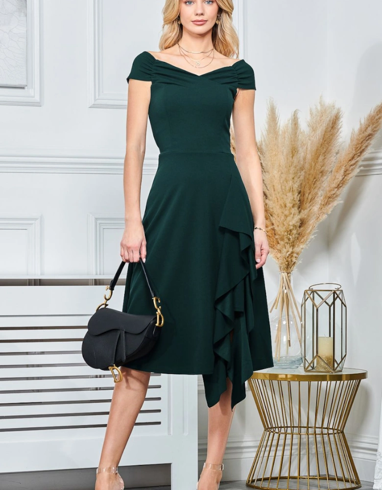 Off Shoulder Frill Ponte Midi Dress