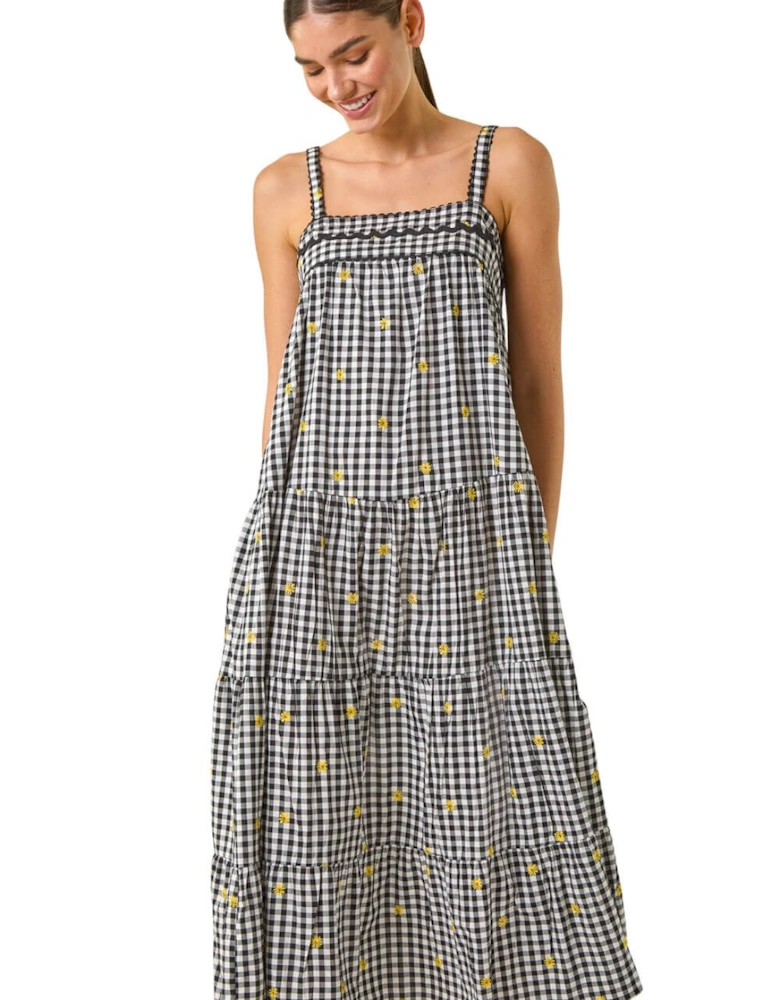 Gingham Embroidered Midi Dress