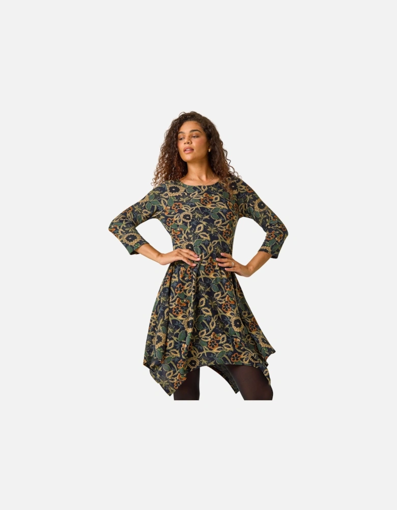 Floral Print Hanky Hem Stretch Dress