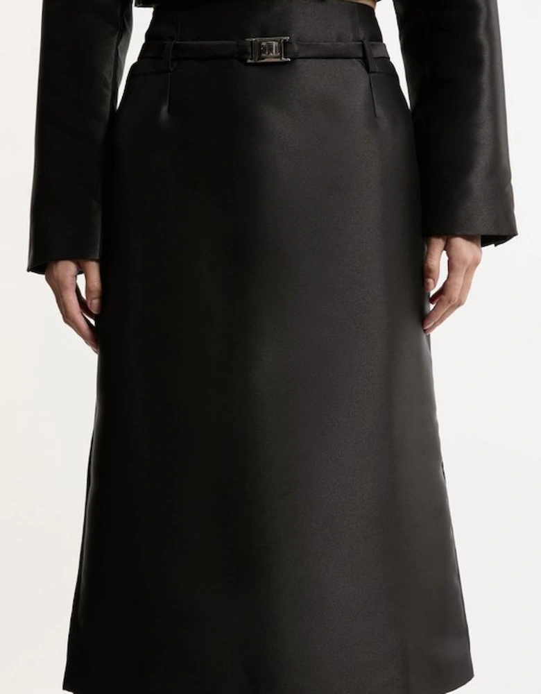 Satin Twill Belted Tailored Midi Skirt