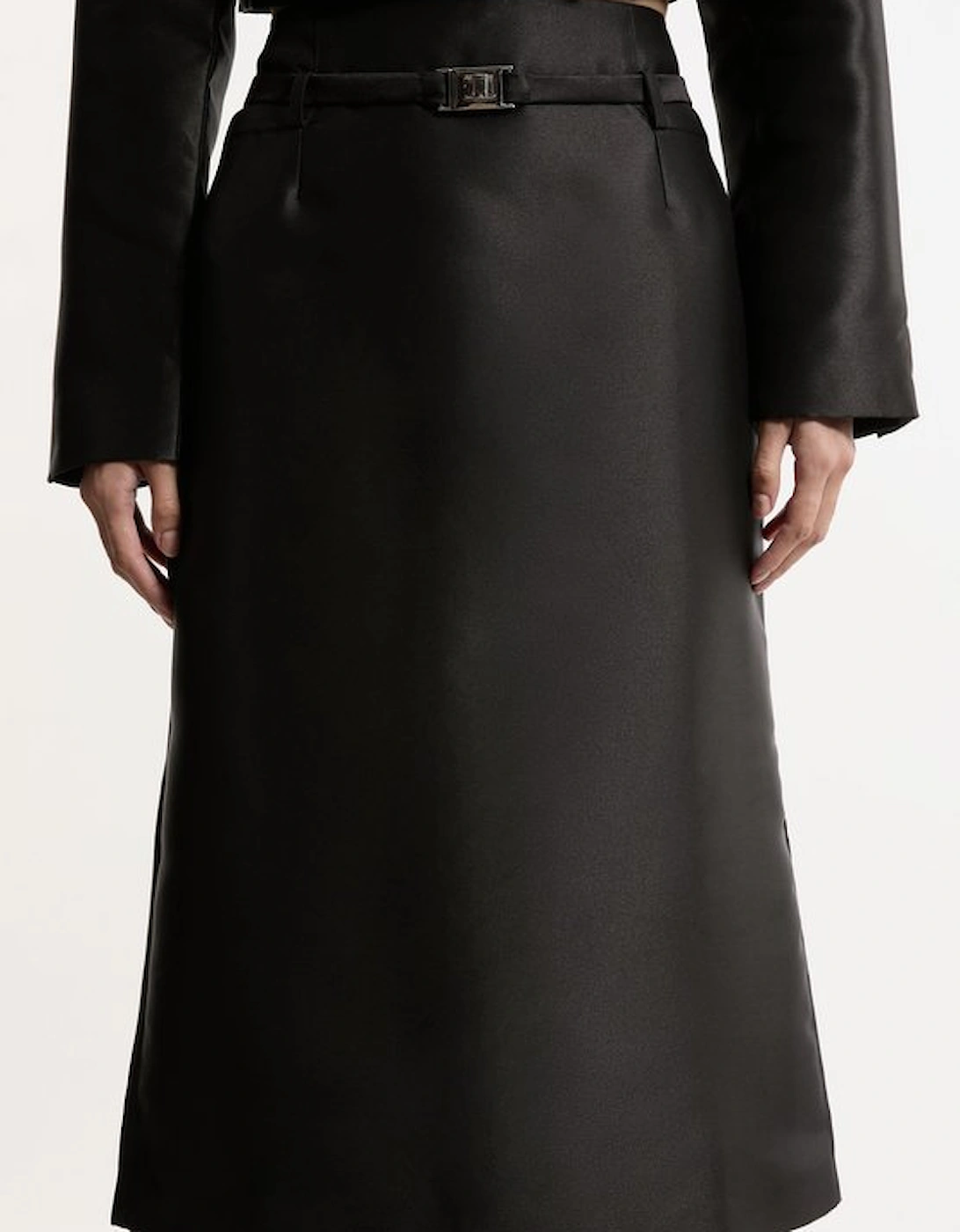 Satin Twill Belted Tailored Midi Skirt