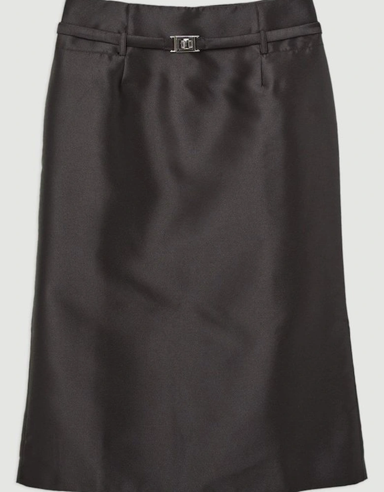 Satin Twill Belted Tailored Midi Skirt